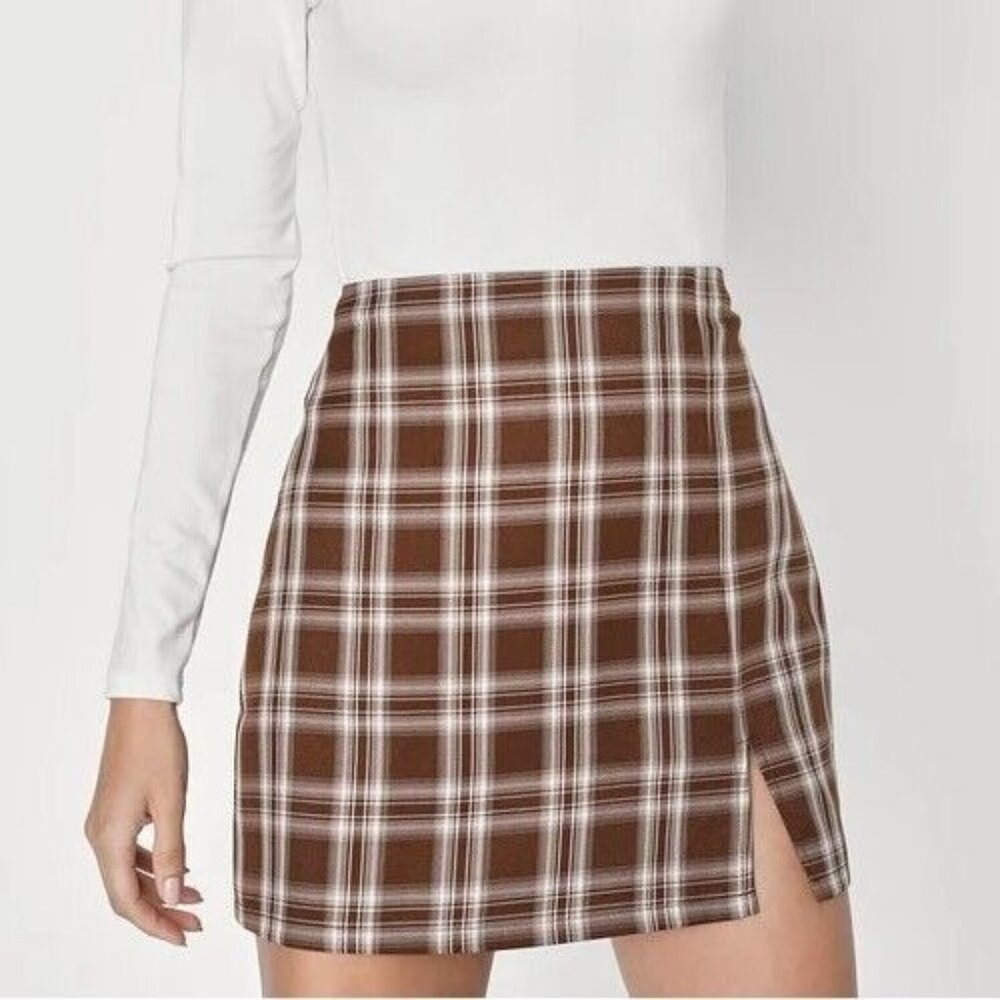 Potter's Pot Mini Skirt Size Large Juniors Rusty Plaid Fleece Back Zip Hem Slit